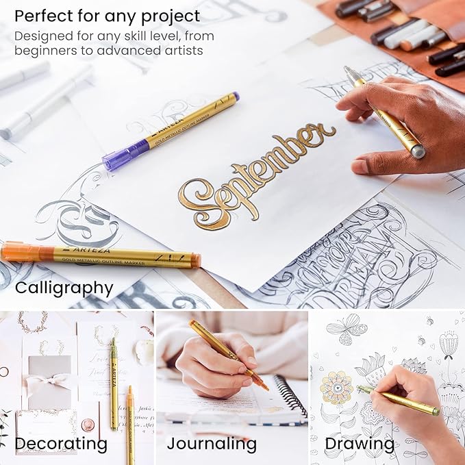 Arteza Double Outline Markers, 16 Colours, Gold Marker Pens, Create Metallic Lines with Vivid Colour Outlines, Work on Cards, Paper, and Canvas