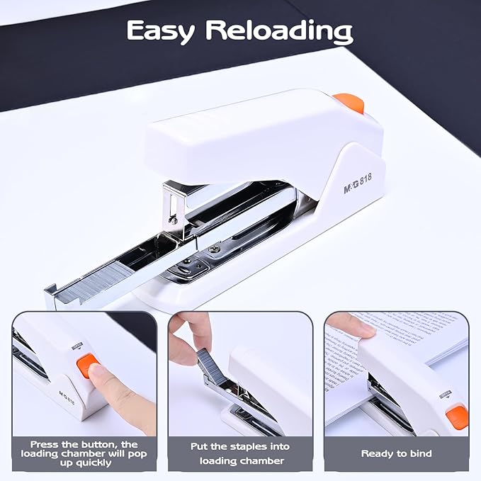 M&G Effortless Stapler with 1000 Staples for Desk, 25 Sheets Capacity Heavy Duty Desktop Staplers, Jam Free, Easy to Load, Ergonomic One Finger Touch Stapler for Office School Supplies (White)