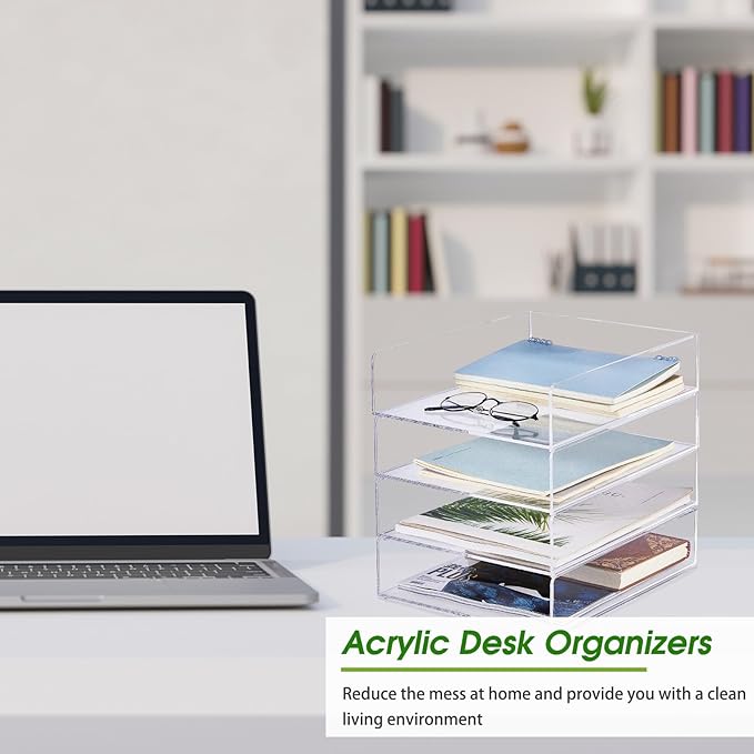 Harloon 4 Tier Acrylic Paper Tray Paper Organizer for Desk Clear File Organizer 12 x 9. 3 x 2. 7 Inches File Tray for Office Workspace Desktop Storage, No Need to Assemble (Transparent)