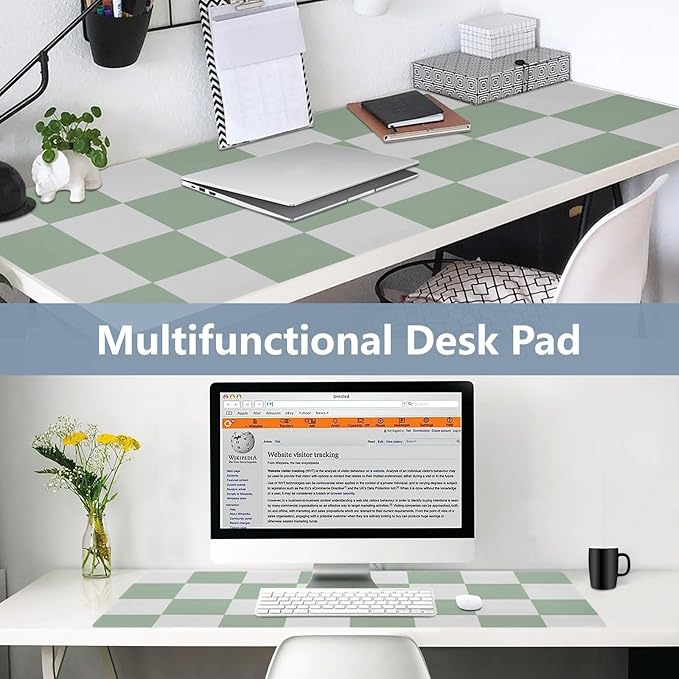 Mouse Pad Desk Mat Leather Desk Pad Large Gaming Desk Cover Protector Mat for Keyboard Computer Laptop Office Waterproof 47.2 x 23.6 Inch Checkered White and Green