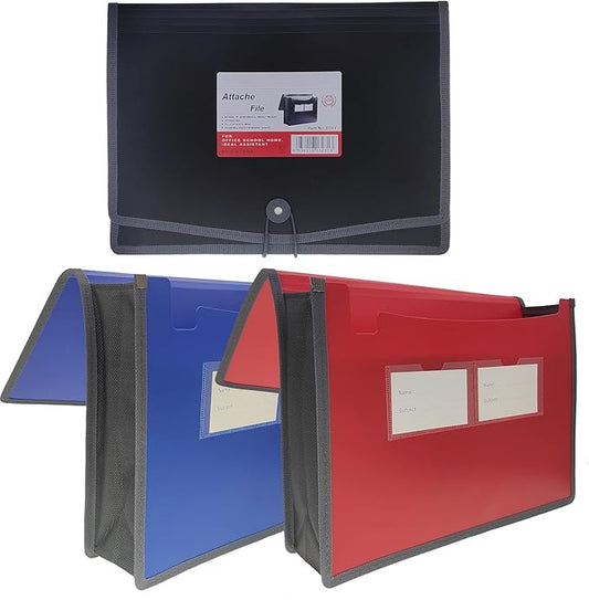 Premium Quality Plastic Expanding File Folder Document Organizer, 3.5" Expansion, A4 Letter Size for Home School Office Organization, 3 Pack (RED/Blue/Black)