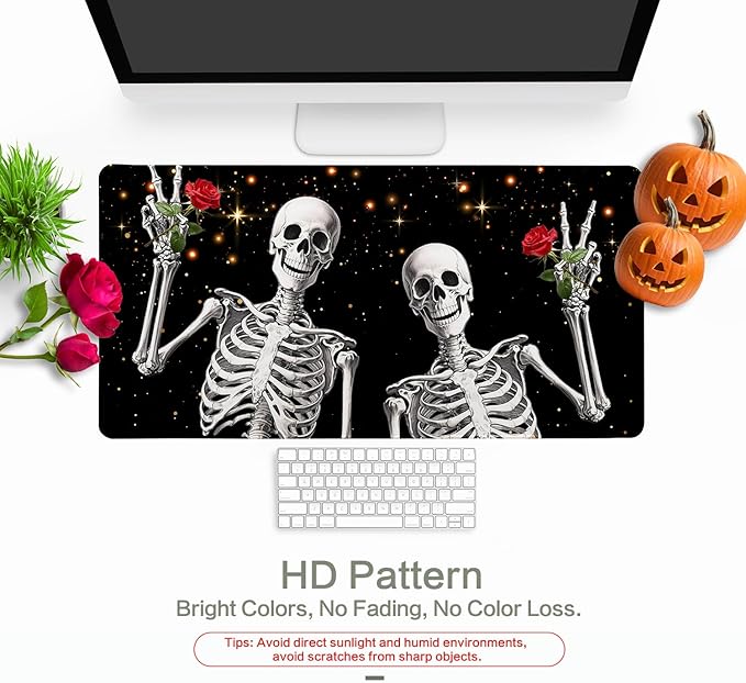 Love, Roses and Skulls Mouse Pad Desk Mat, Waterproof Black XXL Extended Large Gaming Mouse Pad Halloween Skull Rose Desk Pad Mousepad XXL Extended Keyboard Mat Mouse Mat, 31.5 x 15.7 in