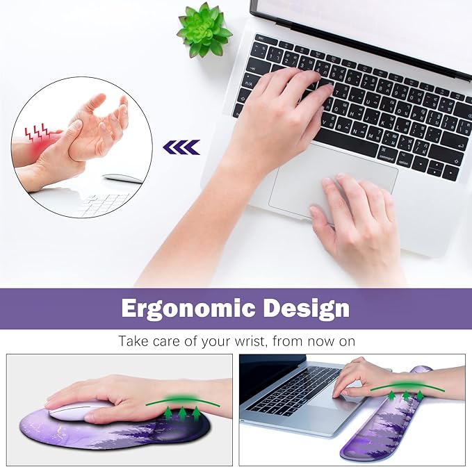 ARTSO Large Mouse Pad Ergonomic Keyboard Wrist Rest Support Combo, Memory Foam Gel Desk Mat Protector, Non-Slip Desk Blotter for Office, Home, Purple Forest
