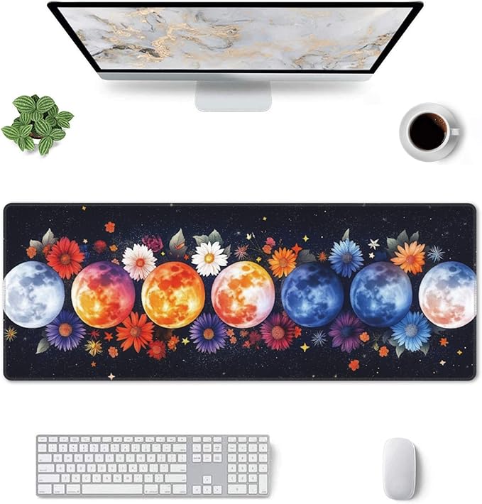 Colorful Moon Phases Large Mouse Pad, Watercolor Flowers Gaming Desk Mat, XL Keyboard Desk Pad Mat for Desktop, 31.5"x11.8" Non-Slip Base Big Mousepad with Stitched Edges