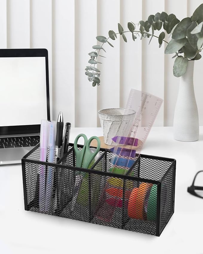 QYH Pencil Holder 4 Compartments,Metal Mesh Pen Storage Pencil Cup Makeup Brush Holder for Office Desk Accessories