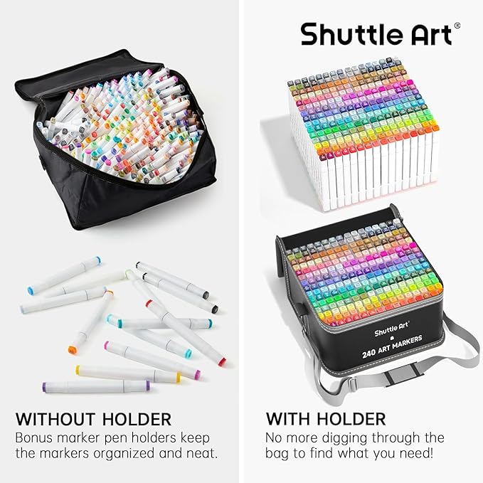 Shuttle Art 240 Colors Alcohol Markers, 239 Colors Dual Tip Art Marker Set Plus Colorless Blender, Micro-tip Pens, White Highlighter Pens, Marker Bag with Holders Perfect for Students Adults Coloring