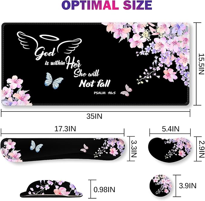 ARTSO Large Mouse Pad Keyboard Wrist Rest Support Combo, Memory Foam Wrist Pad, Extended Desk Mat Protector, God is Within Her Desk Blotter, Psalm Flower Butterfly