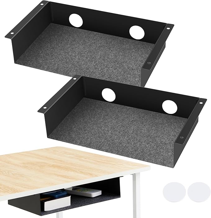 2 Pack Under Desk Storage Shelf, Carbon Steel Under Desk Tray with Mute Felt Sheets, Mount Shelf Organizer for Office Home Workstation Gaming Desk Stand up Desk, 13x8x2.8 in