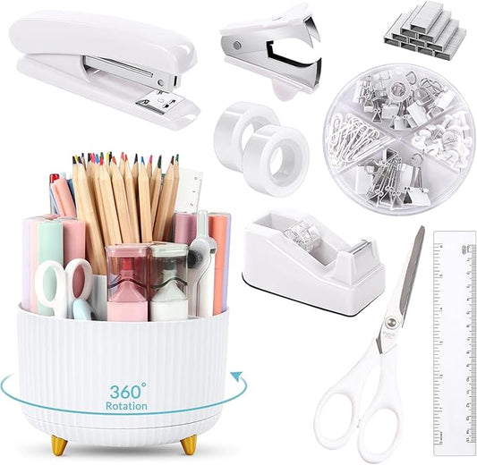 SKYDUE White Office Supplies Set, Office Desk Accessories 10PCS, Pencil Holder for Desk, Stapler, Tape Dispenser, Scissors, Ruler, Binder/Paper Clips and 1000pcs Staples,Desk Supplies Set