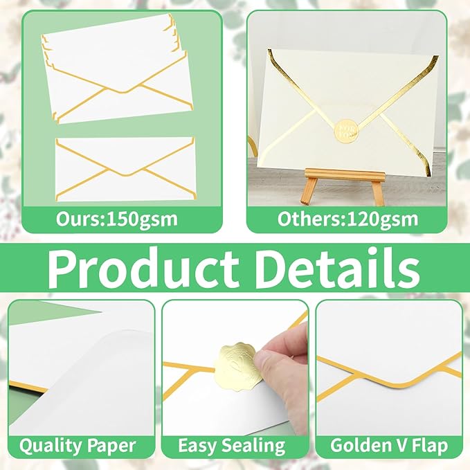 Business Envelopes with Gold Border 30 Pack #10 Envelopes Made of 150gsm Paper, Standard Envelopes with Gold Stickers for Office, Checks, Letter Mailing,9.45 x 4.13 Inches(White)