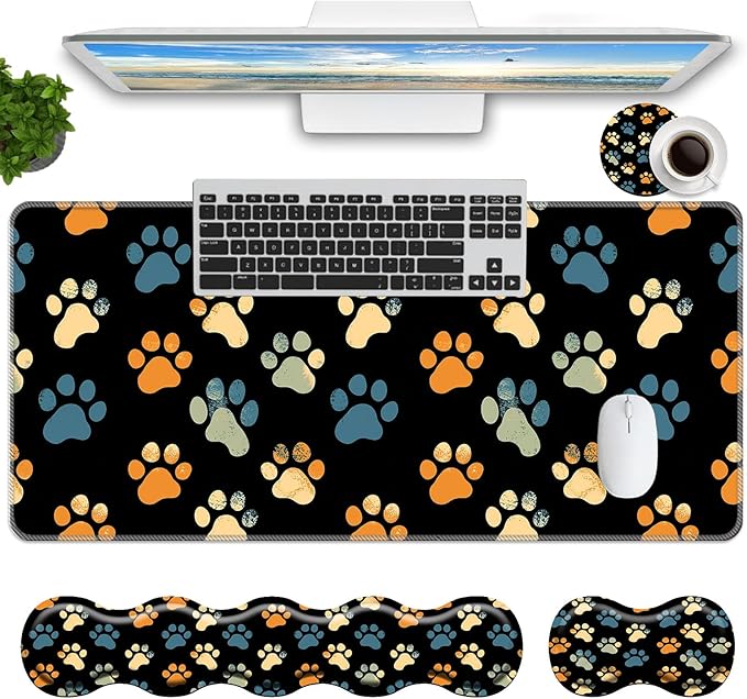 Keyboard Mouse Pad Set,Large Mouse Pad+Keyboard Wrist Rest+Wrist Support+Coaster,31.5x11.9in Extended Desk Mat for Computer Laptop Office Home - Cute Dog Paw Print