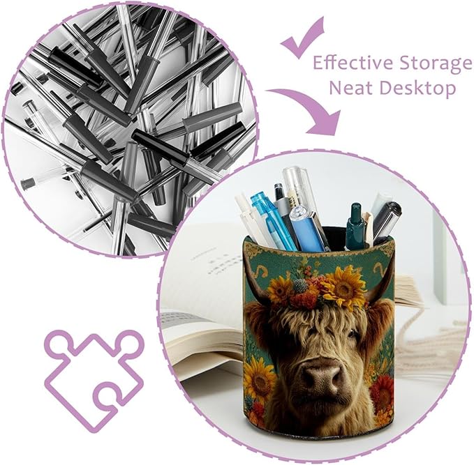 Watercolor Sunflower Yak Circular Pen Holder, Pen Cup Makeup Brush Holder, Design for School, Home and Stationary Supplies (3.9 x 3.1 Inches)