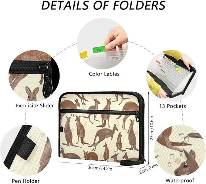 Gredecor 13 Pockets File Folder Organizer A4/Letter Water Resistant Australian Big Red Kangaroo Document Bag with Zipper Filing Folder Expanding File Pouch Storage for School Office