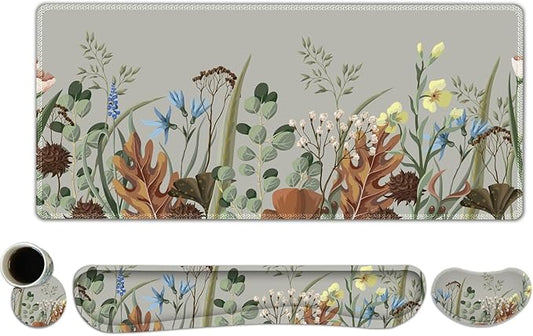 Keyboard Mouse Pad Set, Extended Gaming Mouse Pad +Keyboard Wrist Support +Mouse Wrist Rest +Coaster, 35.4x15.7 in XXL Large Ergonomic Desk Mat 4in1 Set for Home Office, Plant Flowers