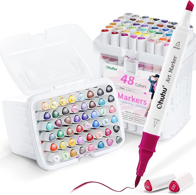 Ohuhu Alcohol Markers Brush Tip: Double Tipped Art Marker Set for Artists Adults Drawing Sketching Illustration - Brush Chisel Color Markers - Pack with 94 Vibrant Colors 2 Marker Cases 2 Blenders
