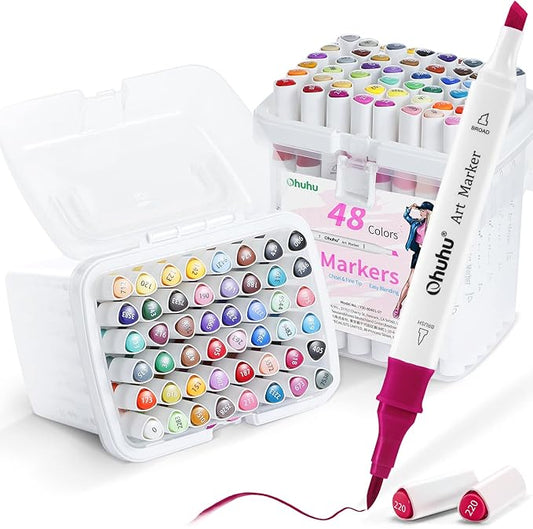 Ohuhu Alcohol Markers Brush Tip: Double Tipped Art Marker Set for Artists Adults Drawing Sketching Illustration - Brush Chisel Color Markers - Pack with 94 Vibrant Colors 2 Marker Cases 2 Blenders