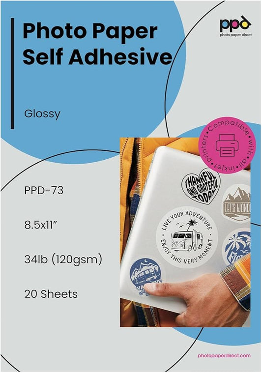 PPD Premium Printable Sticker Paper for Inkjet Printer - 20 Sheets Photo Quality Paper 8.5 x 11 - Self-Adhesive and Instant Dry - PPD-73-20