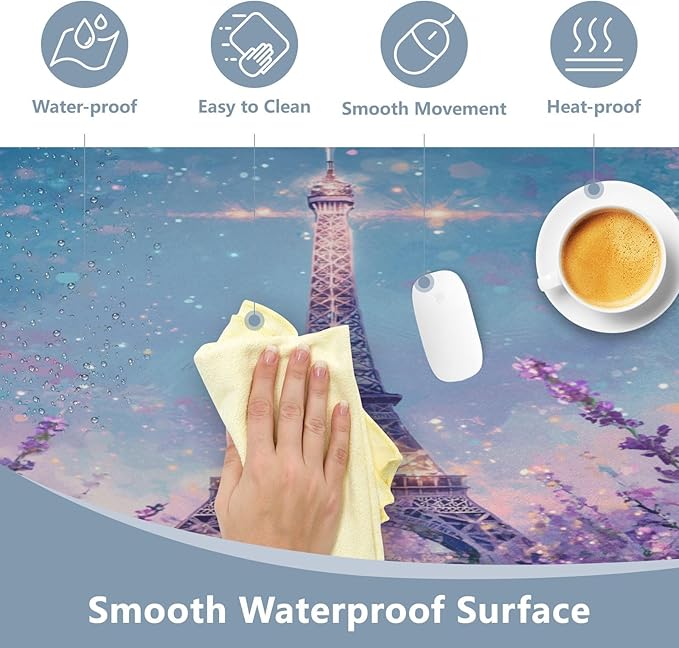 Mouse Pad Desk Mat Leather Desk Pad Large Gaming Desk Cover Protector Mat for Keyboard Computer Laptop Office Waterproof 47.2 x 23.6 Inch Lavender Eiffel Tower Purple