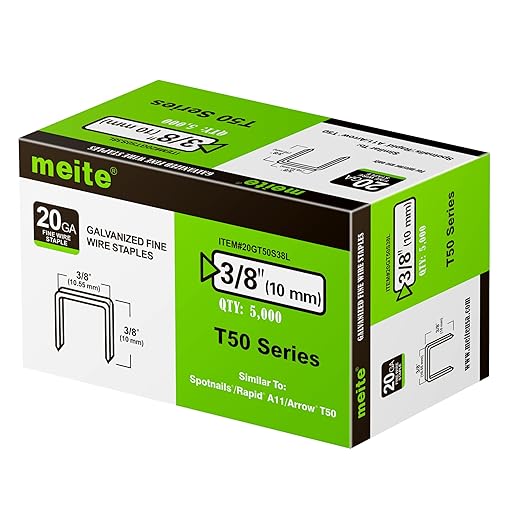 meite T50 Staples, 3/8 Inch Length Heavy Duty Staples for Staple Gun, Galvanized, 20 Gauge 3/8 Inch Crown, Compatible with T50 Staple Gun, Ideal for Upholstery, Construction, Furniture (5,000 Counts)