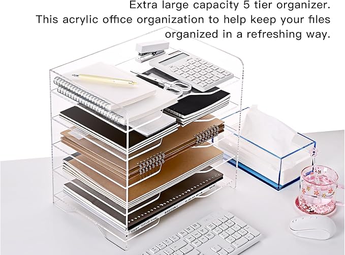 Acrylic Paper Letter Tray Organizer, 5 Tiers, Transparent, Modern, Rectangular, Stackable, Office