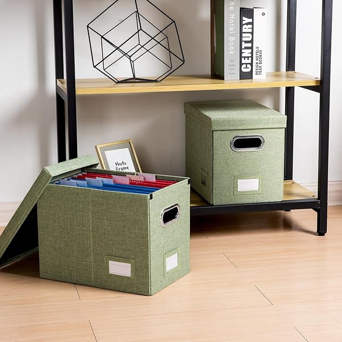 PRANDOM File Organizer Box - Set of 2 Collapsible Decorative Linen Filing Storage Hanging File Folders with Lids Office Cabinet Letter Size Green (14x9.3x10.8 inch)