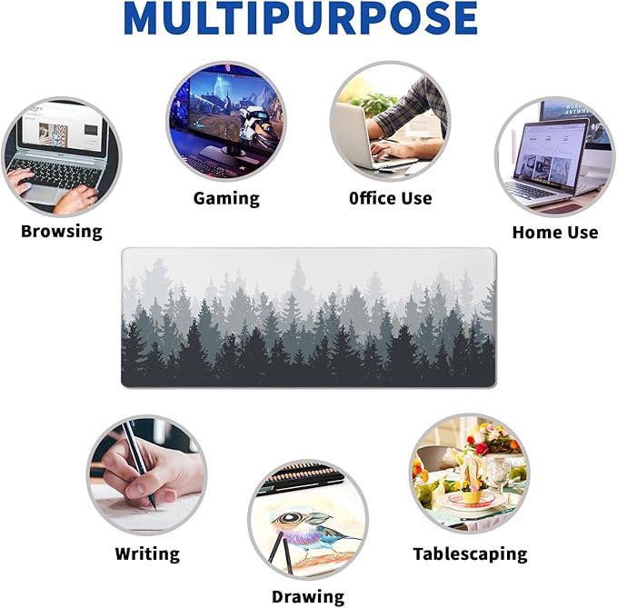 Tree Mouse Pad Abstract White Mouse Pad 31.5x11.8 Inch Texture Non-Slip Rubber Base Large Mousepad Stitched Edges Keyboard Mouse Mat Desk Pad for Office and Home