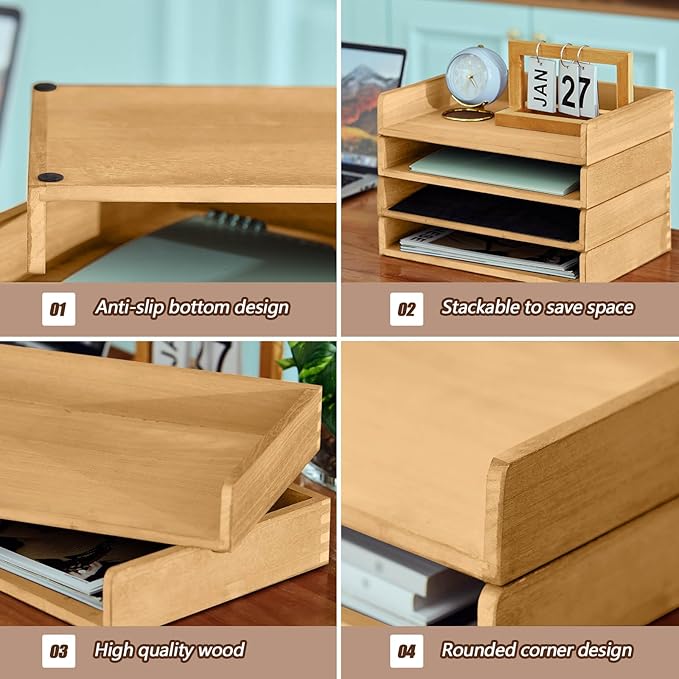 Yeaqee 4 Pcs Stackable Paper Organizer Tray Wood Desk Organizer Letter Tray Desktop Letter Size Office Wooden Desk Shelf Paper Holder Folder Organization Rack for Mail File Document(Light Wood Color)