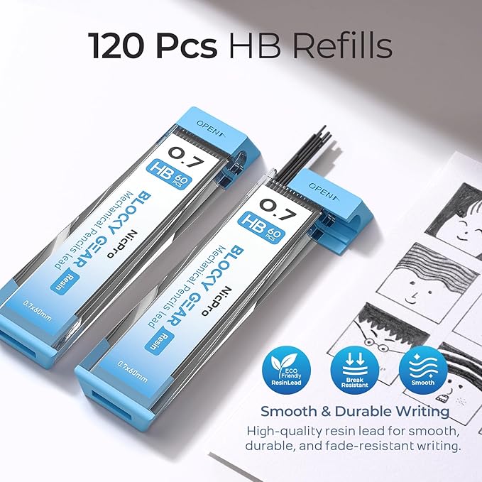 Nicpro Blocky Gear 0.7 mm Mechanical Pencils Set in Case, Metal Pencil with Lead Refills, Eraser for Professional & Adult Art Writing Drafting Drawing