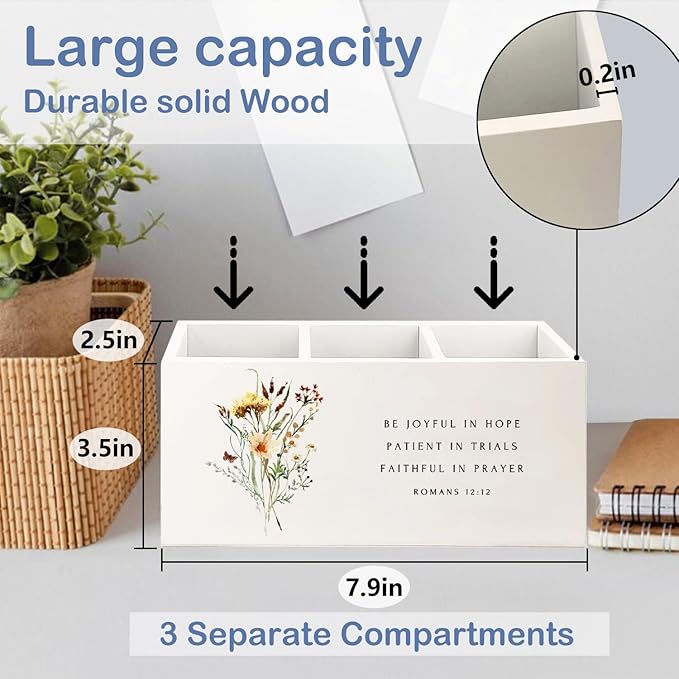 SNNDER Floral Christian Pen Holder for Desk, Christian Religious Gifts for Women, Romans 12:12 Bible Verses Wooden Pen Pencil Holder Organizer for Home Office Desk Accessories