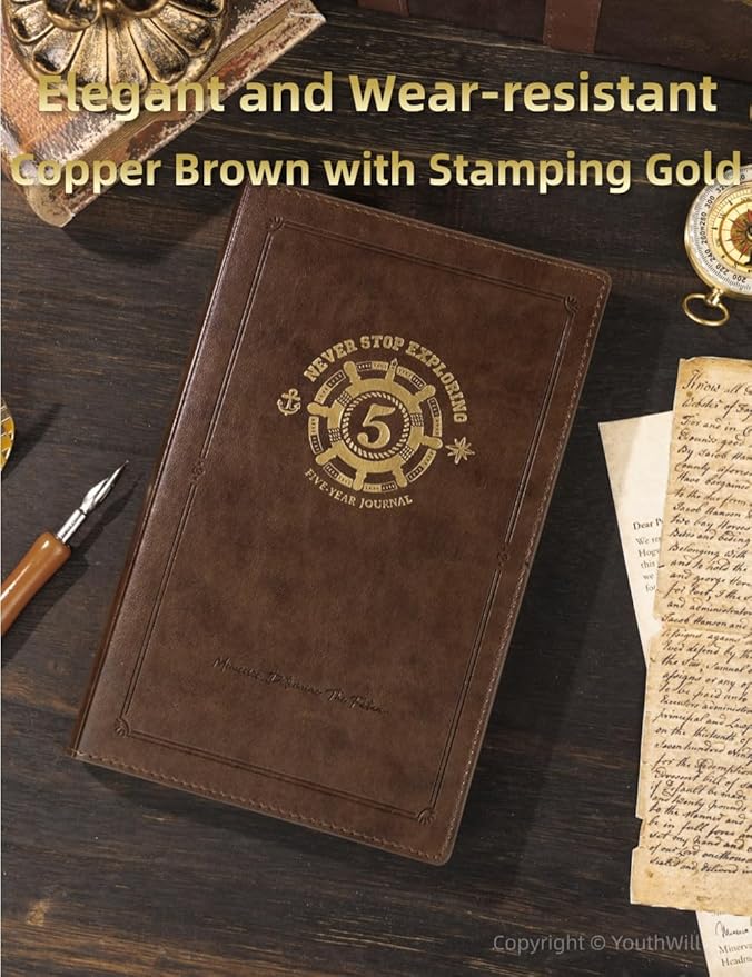 YouthWill Five Year Journal, 5-year Memory Notebook, Daily Journal, Undated Diary, One Line a Day, Soft Cover, Medium, 85gsm paper (Copper Brown)