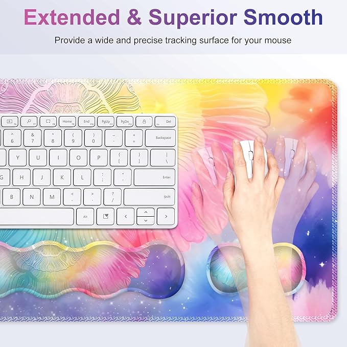 Desk Mat Gaming Mouse Pad, Cute Desk Matt Keyboard Wrist Rest for Desktop, Anti-Slip Big Mousepad Stitched Edges, XXL Large Mouse Pad with Wrist Support for Home Office Computer I Dreamy Colors