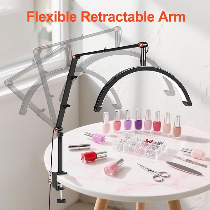 Professional LED Desk Lamp, Half Moon Light for Desk with Clip&Phone Holder, Esthetician Light with Adjustable 10-Level Dimming & 3 Color for Work,Office,Makeup,Nail Salon,Tattoo,Craft (Black)