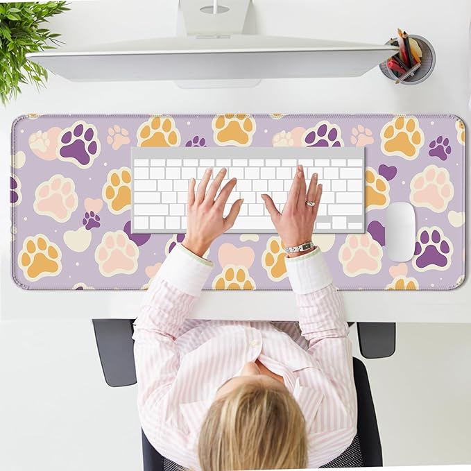 Cute Cat Paw Pattern Desk Mat, Large Gaming Mouse Pad, Computer Keyboard Laptop Girl Mousepad for Work, Game, Office and Home, XL, Purple
