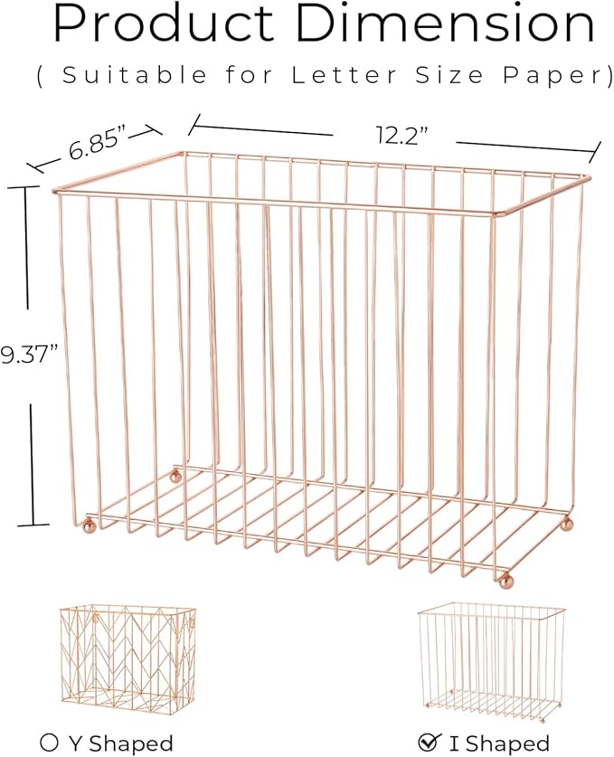 Y YOMA 1 Pack Rose Gold Desktop Hanging File Organizer | 12 Pack Rose Gold Pocket Hanging File Folders with Tabs & Insert | Letter Size Metal File Kit for Desk Home Office, I Shaped