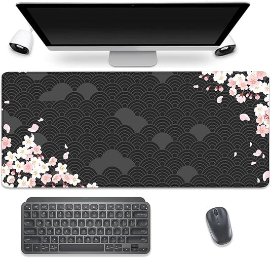 Black Watercolor Cherry Blossom Desk Pad Mouse Pad,Large Gaming Mouse Mat with Stitched Edges,Non-Slip Waterproof Rubber Base Mousepad for Office Work Home Desk Mat(27.5X11.8 in)