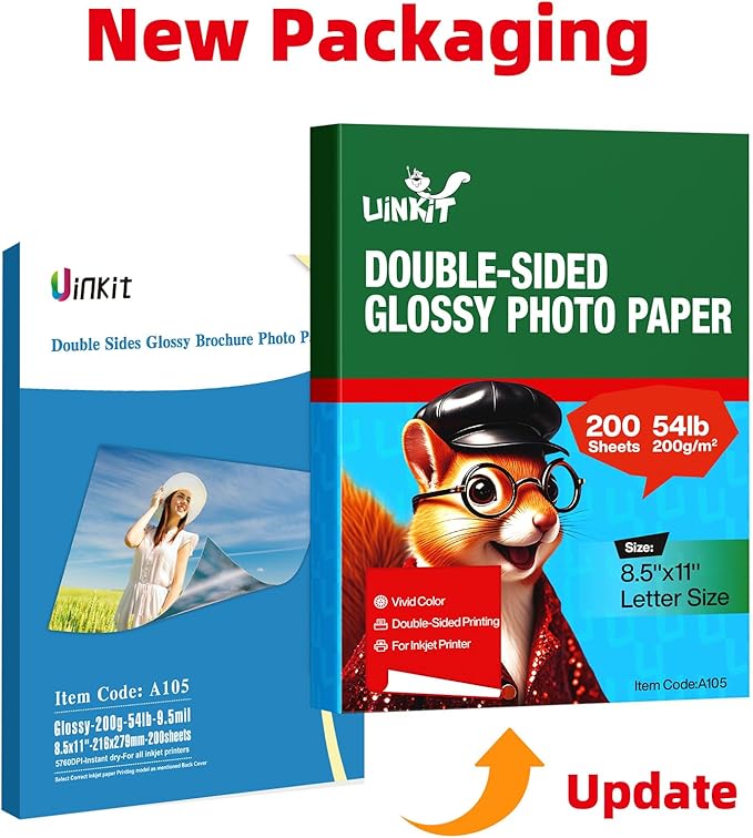 Uinkit 200 Sheets Double Sided Photo Paper Glossy 8.5x11 54lbs Inkjet for Dye Ink 200Gsm Value Bulk Pack Picture 8.5 x 11 9.5Mil for Inkjet Printing Printer (200sheets, 8.5x11)