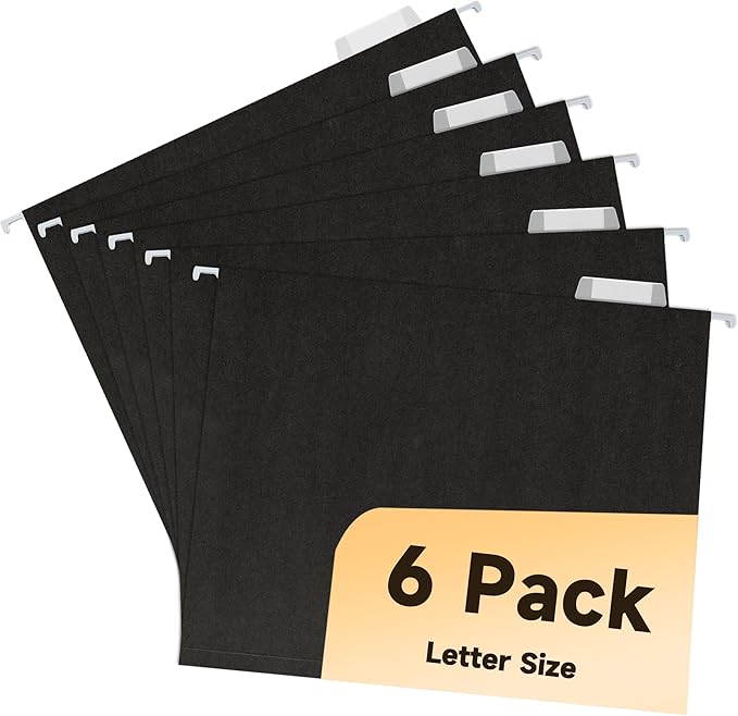 Letter Size Hanging File Folders-6 Pack,11 Point Black Paper Stock,1/5-Cut Adjustable Tabs,Bulk for Filing Cabinet