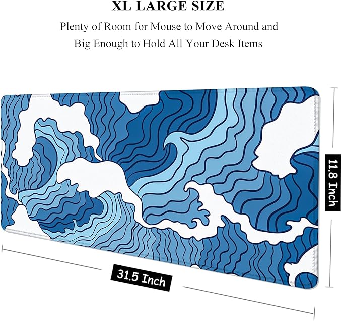 Auhoahsil Large Mouse Pad, XXL Gaming Mousepad, Desk Mat for Desktop, Thick Rubber, Big & Long Size, Stitched Edges, Full Desk Pad for Laptop & Computer, Extended 31.5 x 11.8 in, Janpanese Wave