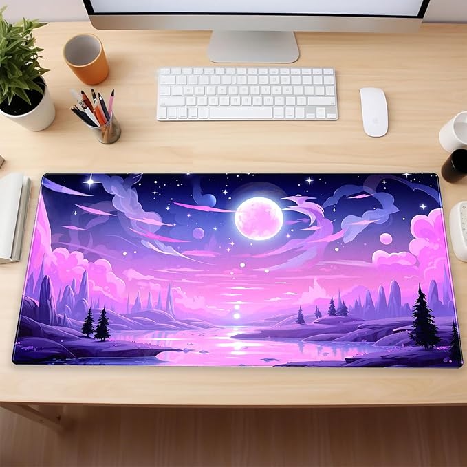 Purple Moon Lake Mouse Pad Pink Desk Mat XXL Large Gaming Mousepad Cute Kawaii Anime Aesthetics Computer Mat Keyboard and Mouse Pad Office Desk Decor 31.5 x 15.7 in