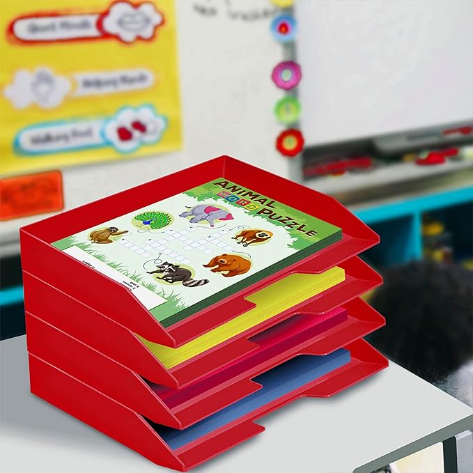 Acrimet Stackable Letter Tray 4 Tier Side Load, Plastic, Desktop File Organizer (Solid Red Color)