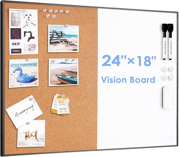 ARCOBIS Cork Board White Board Combo, 24 x 18 Inch Bulletin Board, Magnetic Dry Erase Board & Corkboard for Wall, Vision Board for Home, Office, School, Black Frame