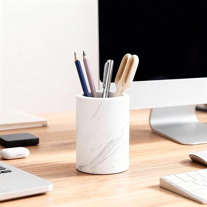 WORHE Natural Marble Pen Holder for Desk, Handcrafted Volakas Sturdy Desk Organizer for Office Supplies Storage Desktop Stationary Makeup Brushes Cup Pencil Holders for Home White (DL002)