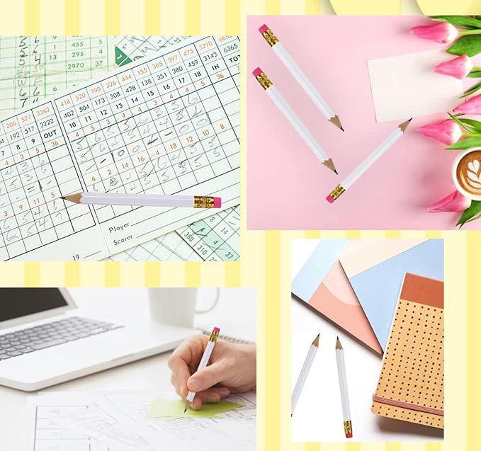 Adhere 50pcs Golf Pencils with eraser Hexagon Wooden Pencils Graphite 2B for Golf Event Scoring,Classroom,Wedding,Company Meetings,Pew, Pocket (z-White・Hexagon・50pcs)