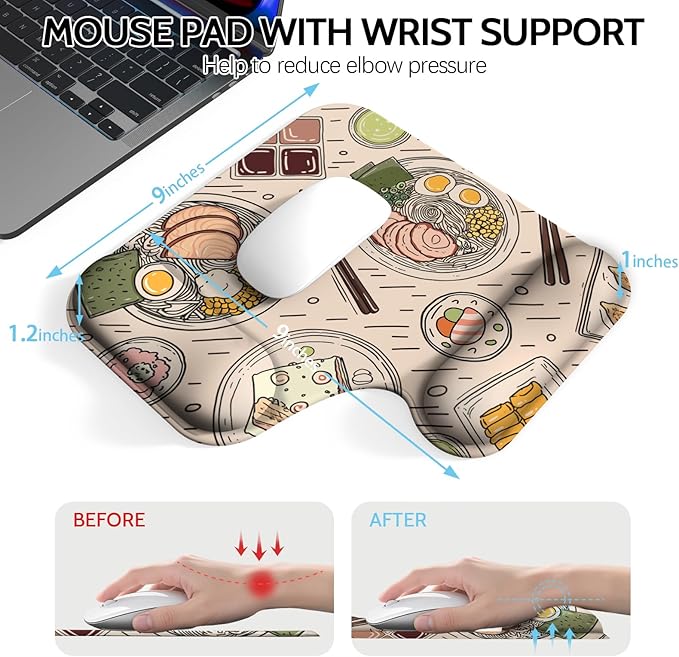Ergonomic Mouse Pad with Gel Wrist Rest (1"& 1.2" Dual Height) - Mouse Pads Compact Mousepad Desk Mat Office, Gaming & Carpal Tunnel Relief | Non-Slip Rubber Base Japanese Ramen