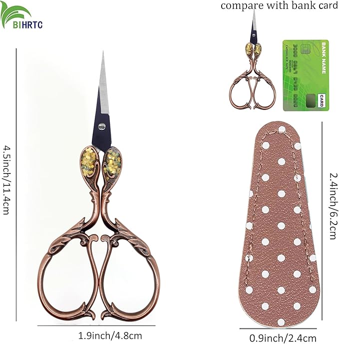 BIHRTC 4.5 Inch Small Vintage Embroidery Scissors with Artificial Leather Cover Stainless Steel Pointed Tip Shears Mini Scissors for Needlework Threading Craft DIY Tools Art Work Everyday Use