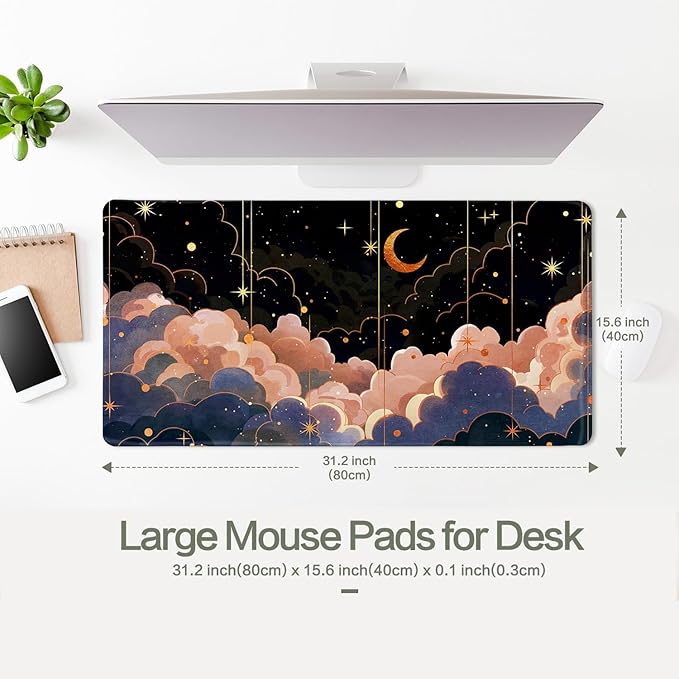 Vimorco Gaming Mouse Pad 31.5x15.7 Inch Large Desk Mat, Non-Slip Rubber Base & Smooth Precision Surface, Waterproof Extended Mouse Pad for PC, Laptop, Office and Table, Cloudy Moon