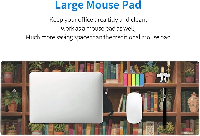 Bookshelf Cat Green Plants Large Mouse Pad, Anime Style Gaming Desk Mat, XL Keyboard Desk Pad Mat for Desktop, 31.5"x11.8" Non-Slip Base Big Mousepad with Stitched Edges