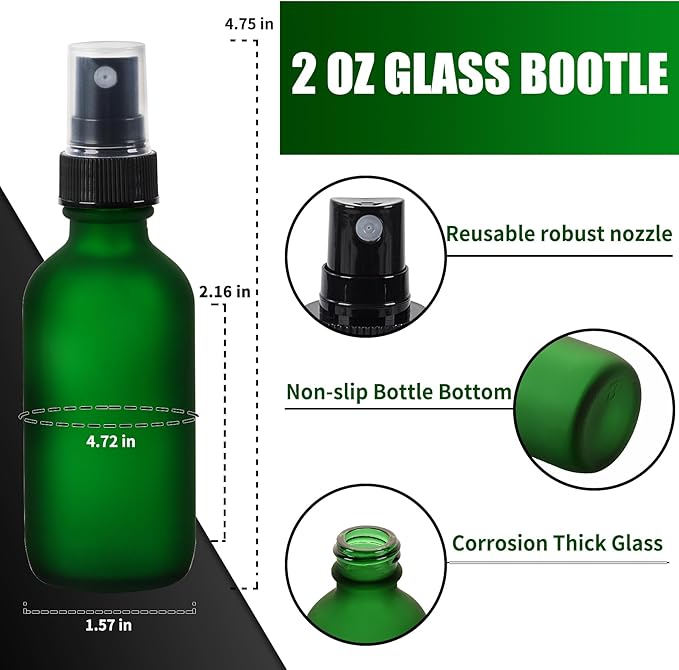 2 oz Glass Spray Bottles, Reusable Fine Mist Sprayer Small Spray Bottle, Preety Frosted Texture, Leak-Proof Design, Perfect for Travel, Skin Care, Perfumes (Green-Frosted, 2oz-12pcs)