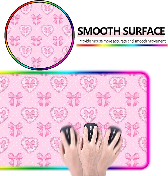 RGB Pretty Pink Love Bows Gaming Desk Mat, Computer Keyboard Large Extended Long Girly LED Mouse Pad for Office and Home, XL (W13)