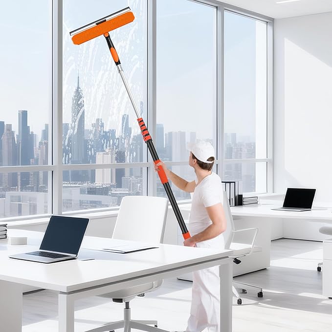 Jhkopqe 30FT Telescoping Window Cleaning Kit with 14" Squeegee - 2-in-1 Professional Window Scrubber & Extension Pole - Extra Long High-Reach Glass Cleaner Tool for Indoor & Outdoor High Windows, RV
